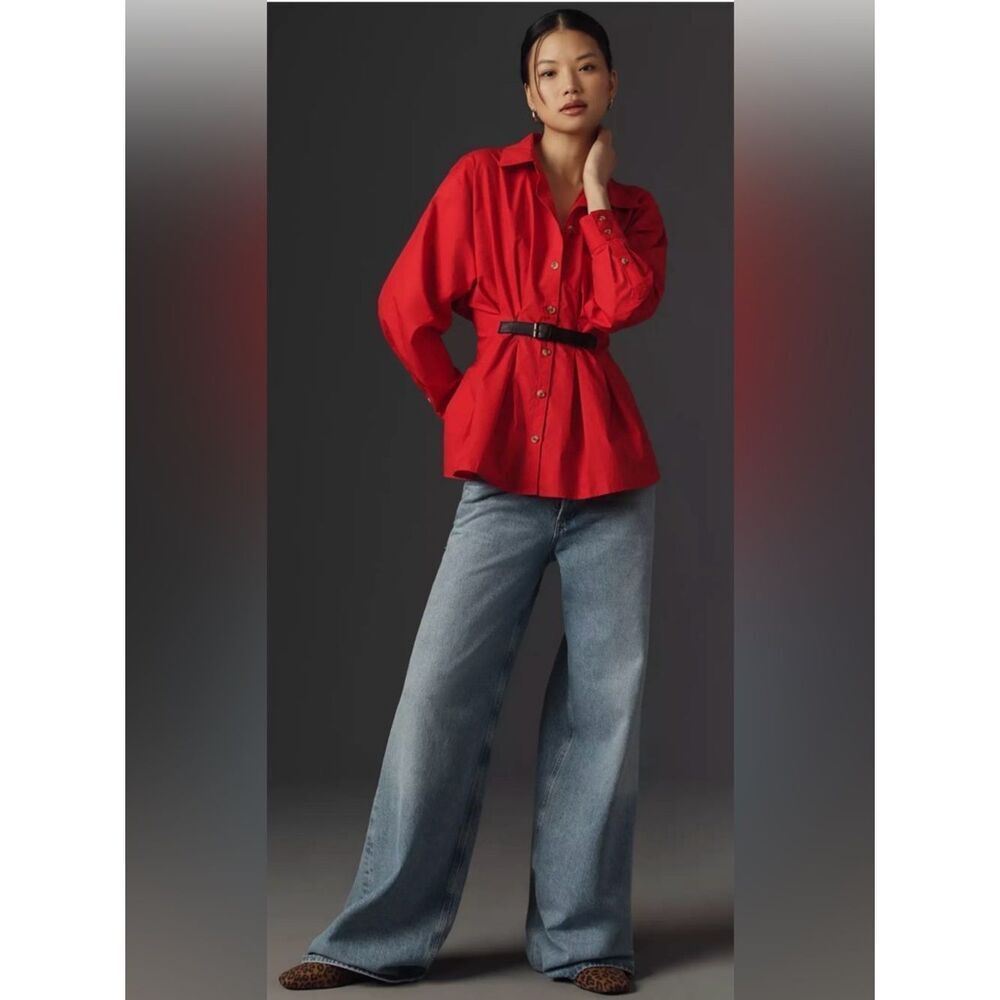 NWT Anthropologie Red Belted Poplin Tunic Blouse Dress Size 2